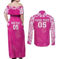 New Zealand Fern Women Rugby Custom Couples Matching Off Shoulder Maxi Dress and Long Sleeve Button Shirt Pink Maori Pattern