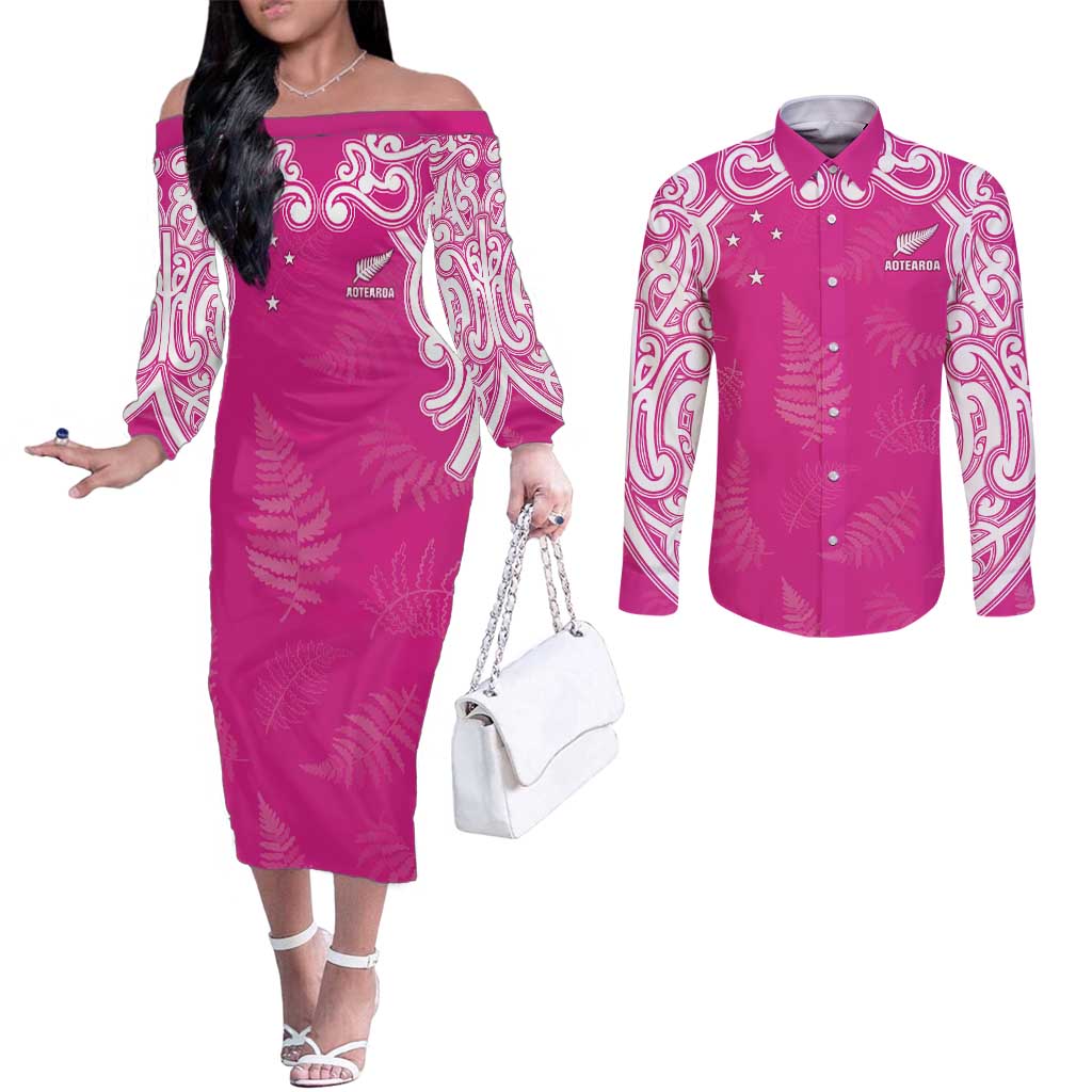 New Zealand Fern Women Rugby Custom Couples Matching Off The Shoulder Long Sleeve Dress and Long Sleeve Button Shirt Pink Maori Pattern