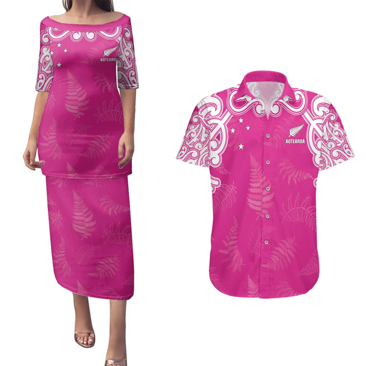 New Zealand Fern Women Rugby Custom Couples Matching Puletasi and Hawaiian Shirt Pink Maori Pattern