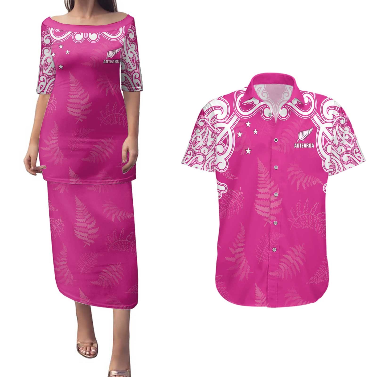 New Zealand Fern Women Rugby Custom Couples Matching Puletasi and Hawaiian Shirt Pink Maori Pattern