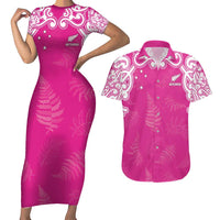 New Zealand Fern Women Rugby Custom Couples Matching Short Sleeve Bodycon Dress and Hawaiian Shirt Pink Maori Pattern