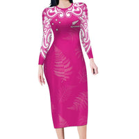 New Zealand Fern Women Rugby Custom Family Matching Long Sleeve Bodycon Dress and Hawaiian Shirt Pink Maori Pattern