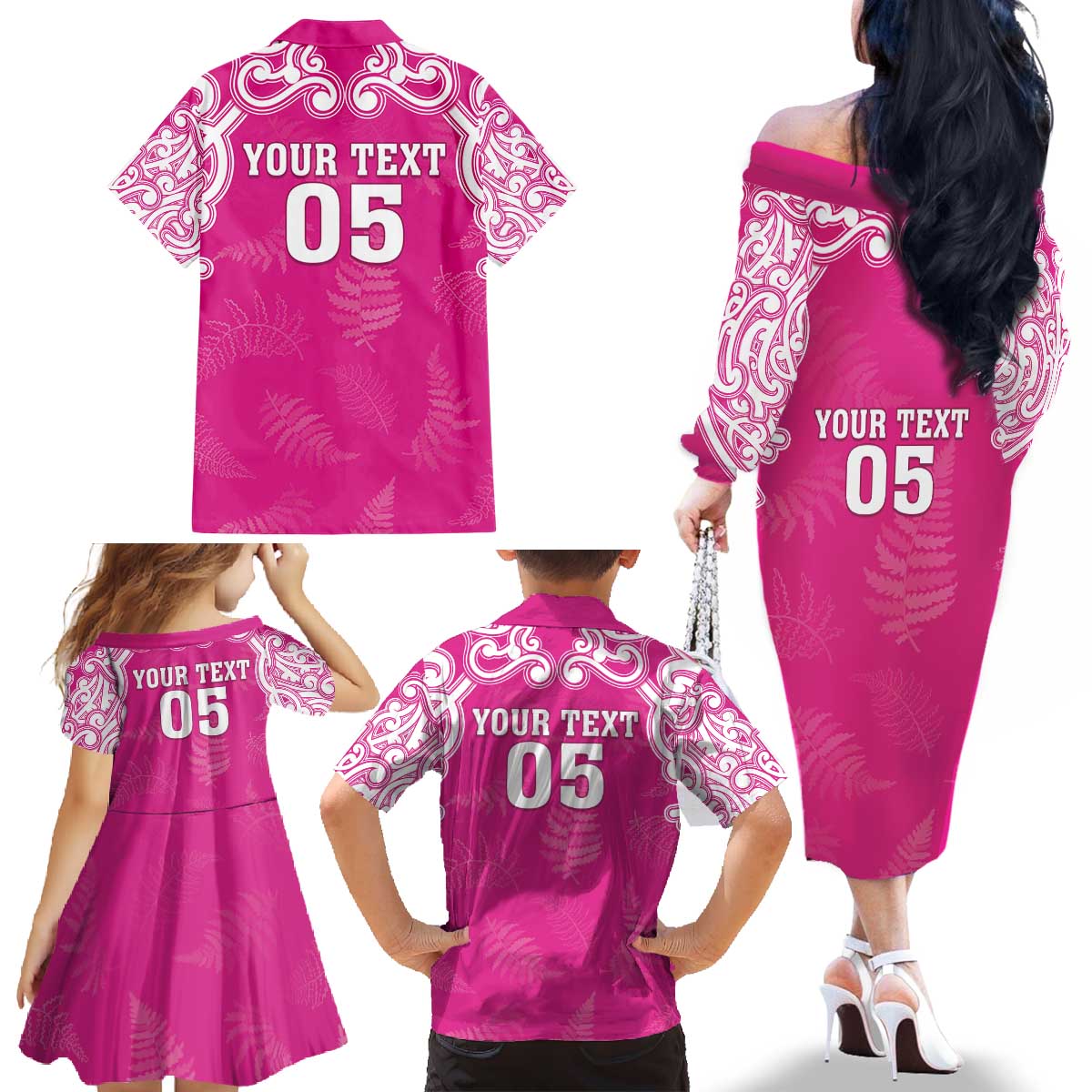 New Zealand Fern Women Rugby Custom Family Matching Off The Shoulder Long Sleeve Dress and Hawaiian Shirt Pink Maori Pattern