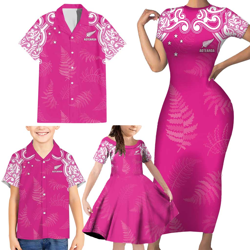 New Zealand Fern Women Rugby Custom Family Matching Short Sleeve Bodycon Dress and Hawaiian Shirt Pink Maori Pattern