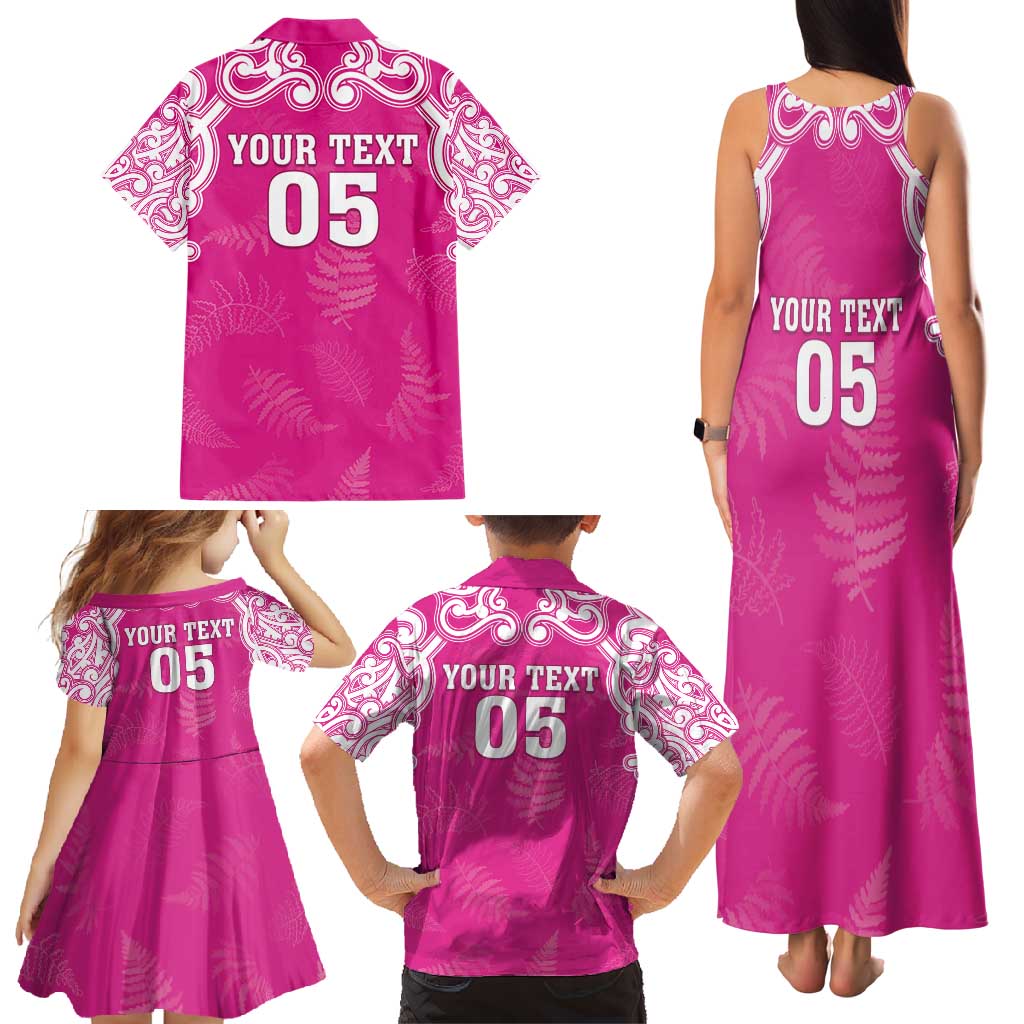 New Zealand Fern Women Rugby Custom Family Matching Tank Maxi Dress and Hawaiian Shirt Pink Maori Pattern
