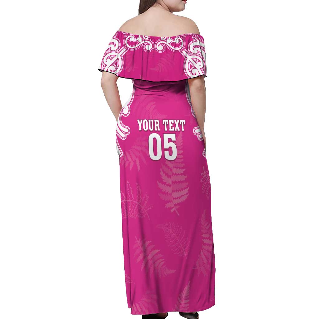 New Zealand Fern Women Rugby Custom Off Shoulder Maxi Dress Pink Maori Pattern
