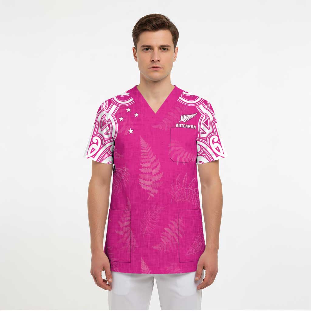 New Zealand Fern Women Rugby Custom Scrub Top Pink Maori Pattern - Polynesian Pride