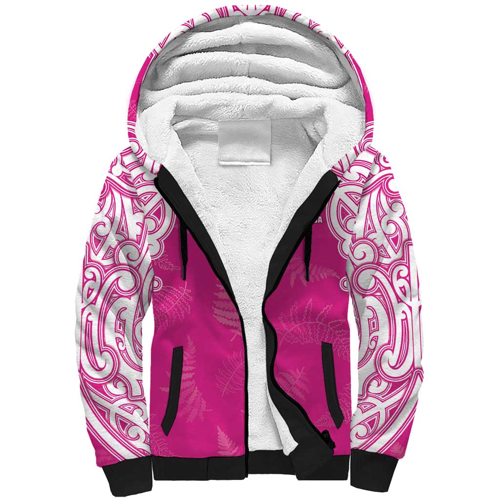 New Zealand Fern Women Rugby Custom Sherpa Hoodie Pink Maori Pattern