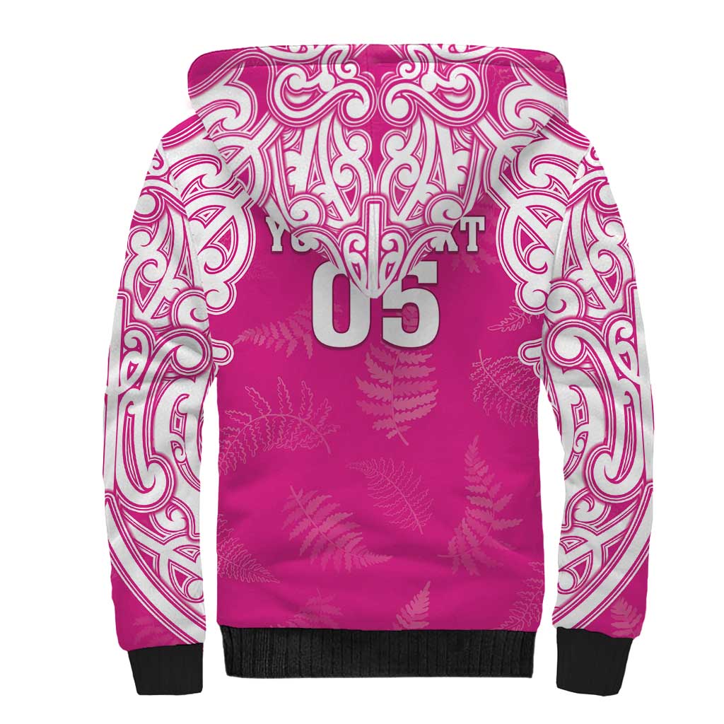 New Zealand Fern Women Rugby Custom Sherpa Hoodie Pink Maori Pattern