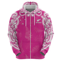 New Zealand Fern Women Rugby Custom Zip Hoodie Pink Maori Pattern
