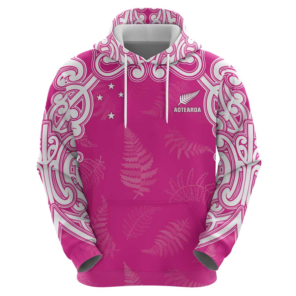 New Zealand Fern Women Rugby Custom Zip Hoodie Pink Maori Pattern