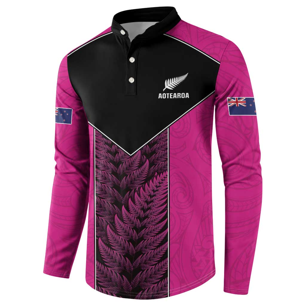New Zealand Fern Rugby Custom Button Sweatshirt Pink Maori Pattern