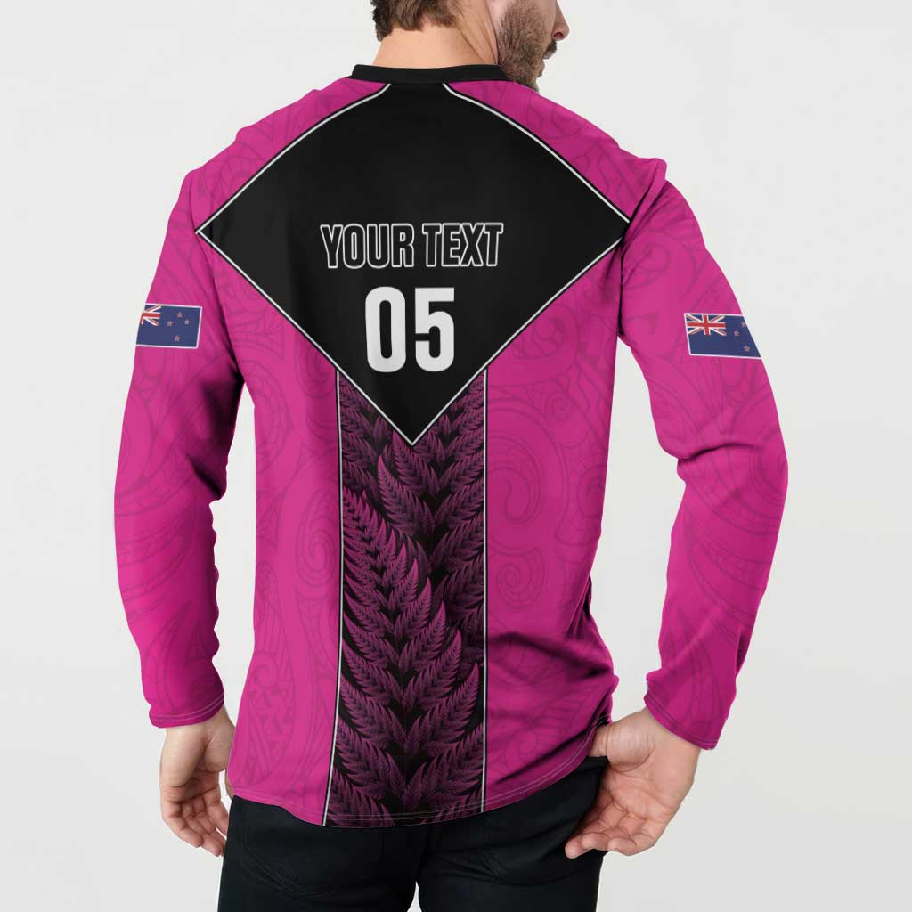 New Zealand Fern Rugby Custom Button Sweatshirt Pink Maori Pattern