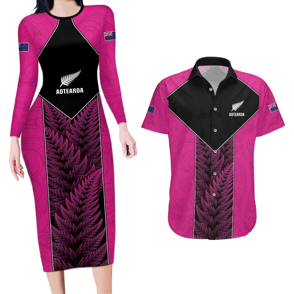 New Zealand Fern Rugby Custom Couples Matching Long Sleeve Bodycon Dress and Hawaiian Shirt Pink Maori Pattern
