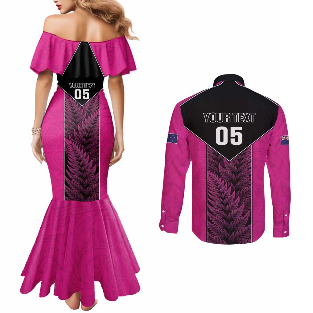 New Zealand Fern Rugby Custom Couples Matching Mermaid Dress and Long Sleeve Button Shirt Pink Maori Pattern