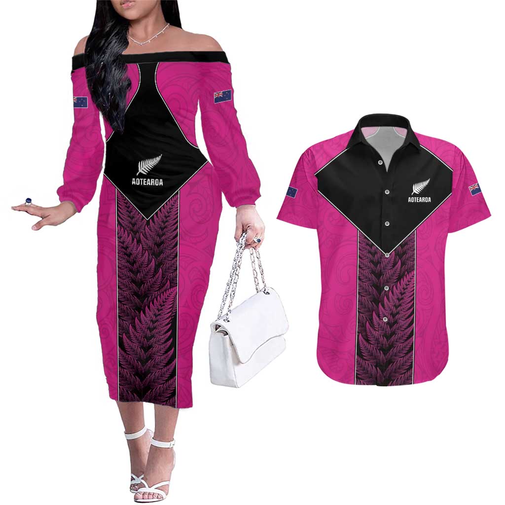 New Zealand Fern Rugby Custom Couples Matching Off The Shoulder Long Sleeve Dress and Hawaiian Shirt Pink Maori Pattern