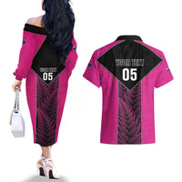 New Zealand Fern Rugby Custom Couples Matching Off The Shoulder Long Sleeve Dress and Hawaiian Shirt Pink Maori Pattern