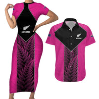 New Zealand Fern Rugby Custom Couples Matching Short Sleeve Bodycon Dress and Hawaiian Shirt Pink Maori Pattern