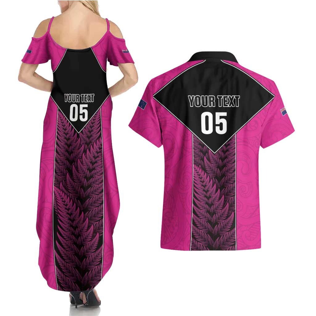 New Zealand Fern Rugby Custom Couples Matching Summer Maxi Dress and Hawaiian Shirt Pink Maori Pattern