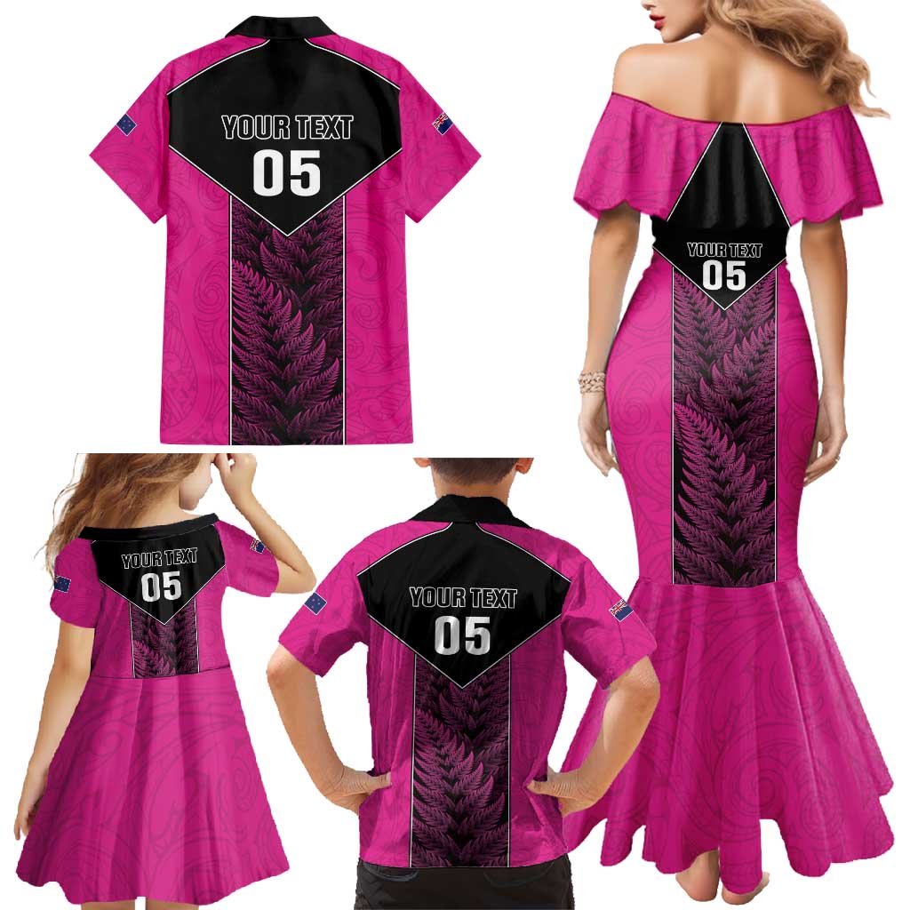 New Zealand Fern Rugby Custom Family Matching Mermaid Dress and Hawaiian Shirt Pink Maori Pattern