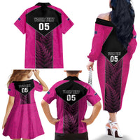 New Zealand Fern Rugby Custom Family Matching Off The Shoulder Long Sleeve Dress and Hawaiian Shirt Pink Maori Pattern