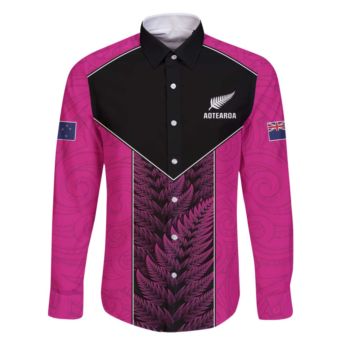 New Zealand Fern Rugby Custom Family Matching Off The Shoulder Long Sleeve Dress and Hawaiian Shirt Pink Maori Pattern