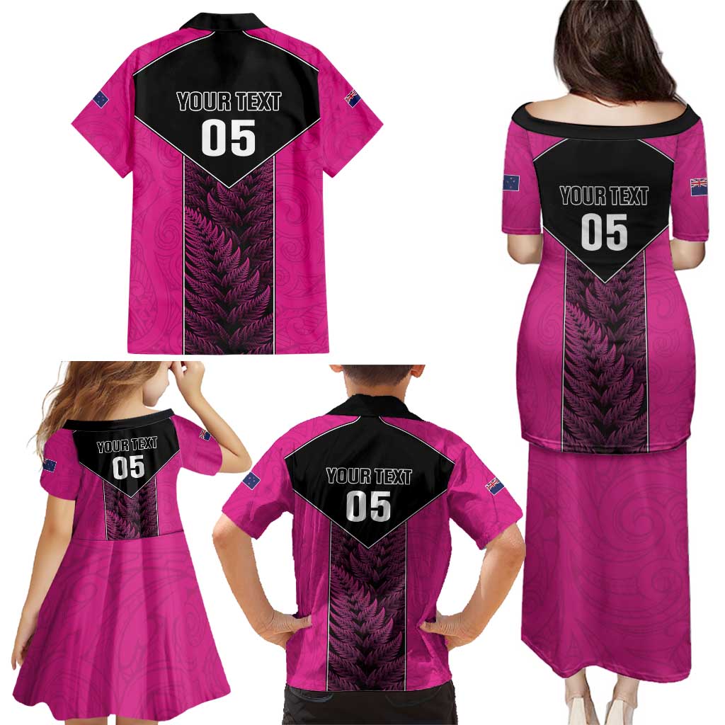 New Zealand Fern Rugby Custom Family Matching Puletasi and Hawaiian Shirt Pink Maori Pattern