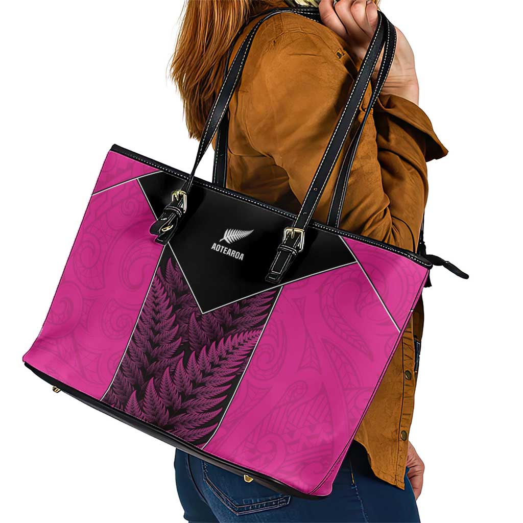 New Zealand Fern Rugby Leather Tote Bag Pink Maori Pattern