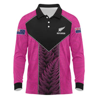 New Zealand Fern Rugby Custom Long Sleeve Polo Shirt Pink Maori Pattern
