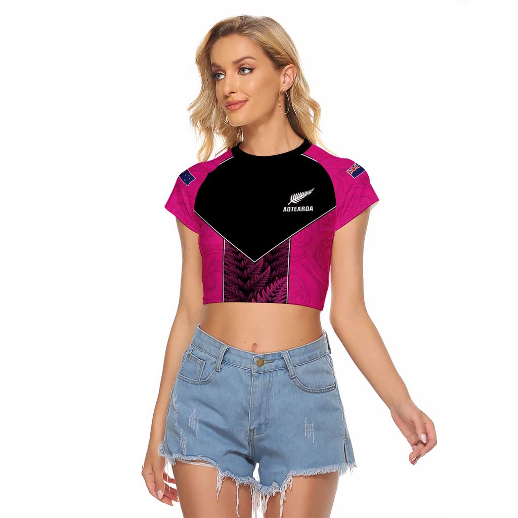 New Zealand Fern Rugby Custom Raglan Cropped T Shirt Pink Maori Pattern