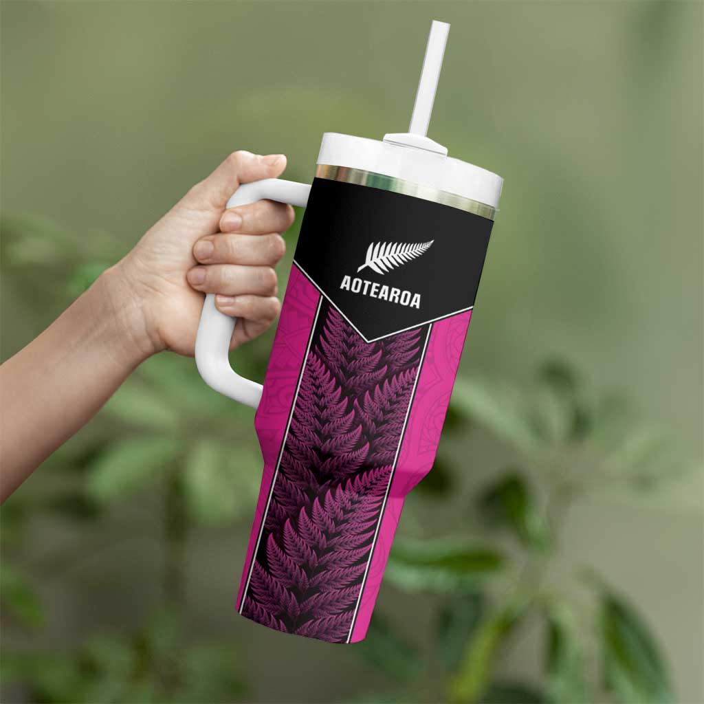 New Zealand Fern Rugby Custom Tumbler With Handle Pink Maori Pattern