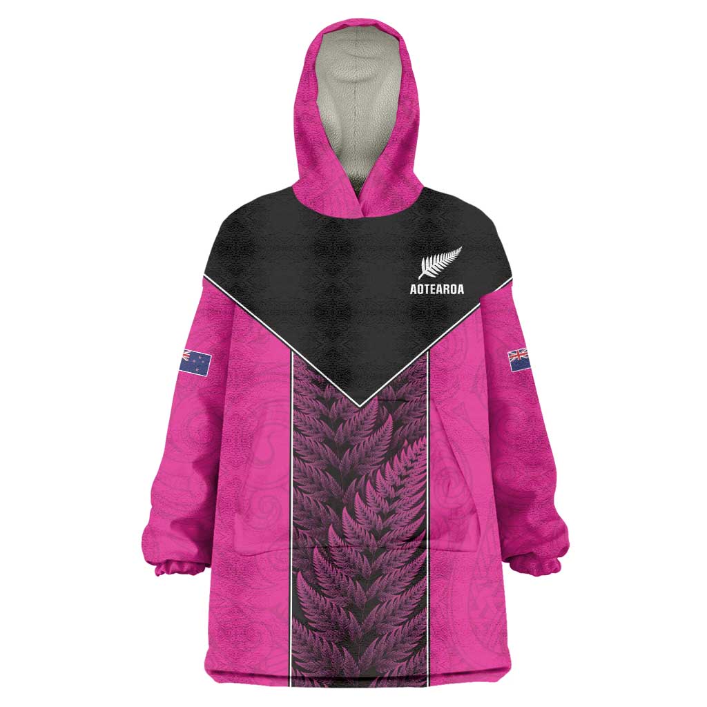 New Zealand Fern Rugby Custom Wearable Blanket Hoodie Pink Maori Pattern
