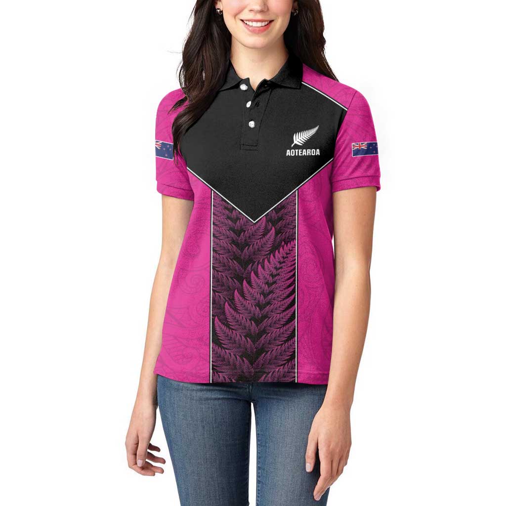 New Zealand Fern Rugby Custom Women Polo Shirt Pink Maori Pattern