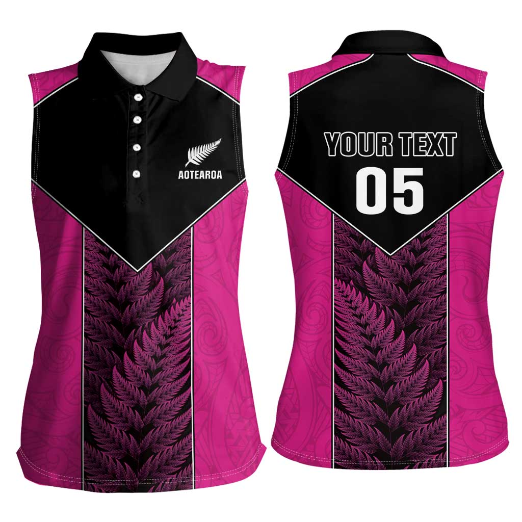 New Zealand Fern Rugby Custom Women Sleeveless Polo Shirt Pink Maori Pattern