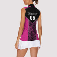New Zealand Fern Rugby Custom Women Sleeveless Polo Shirt Pink Maori Pattern