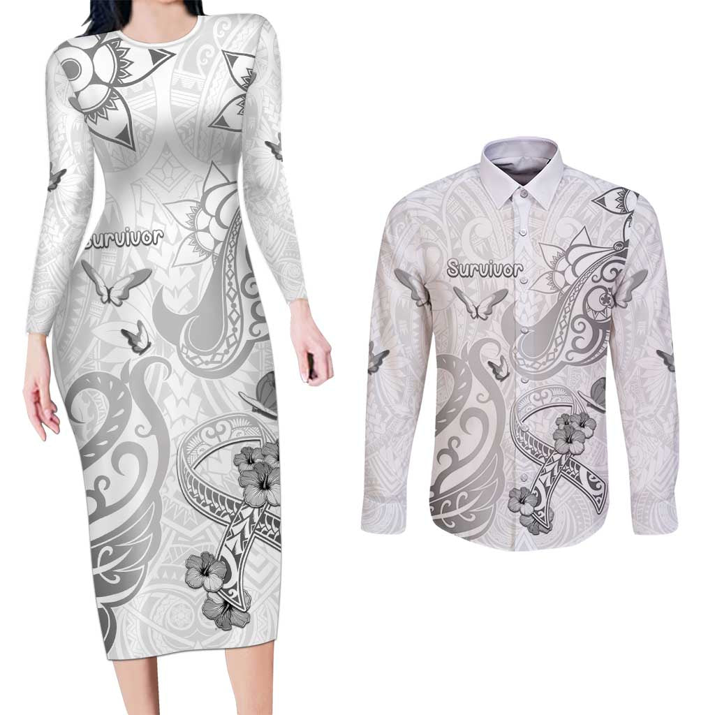 Personalised Brain Cancer Awareness Couples Matching Long Sleeve Bodycon Dress and Long Sleeve Button Shirt Ribbon Polynesian Pattern