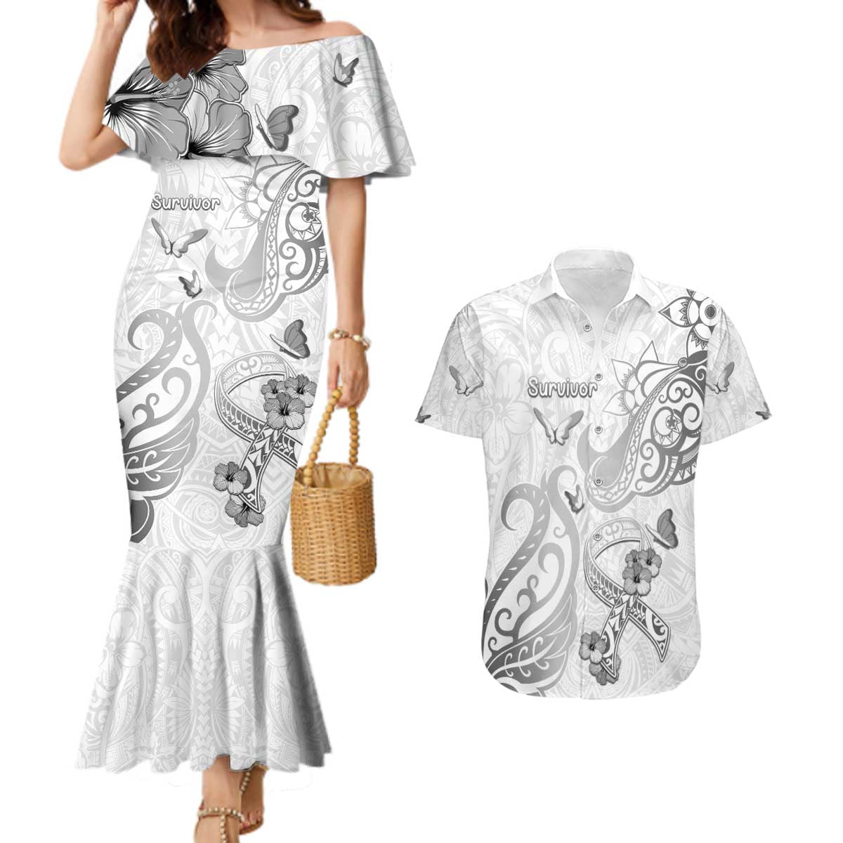 Personalised Brain Cancer Awareness Couples Matching Mermaid Dress and Hawaiian Shirt Ribbon Polynesian Pattern