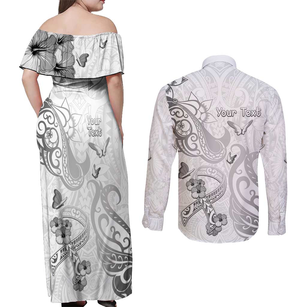 Personalised Brain Cancer Awareness Couples Matching Off Shoulder Maxi Dress and Long Sleeve Button Shirt Ribbon Polynesian Pattern