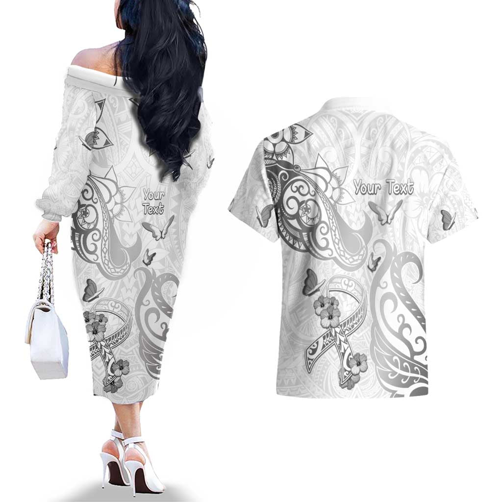 Personalised Brain Cancer Awareness Couples Matching Off The Shoulder Long Sleeve Dress and Hawaiian Shirt Ribbon Polynesian Pattern