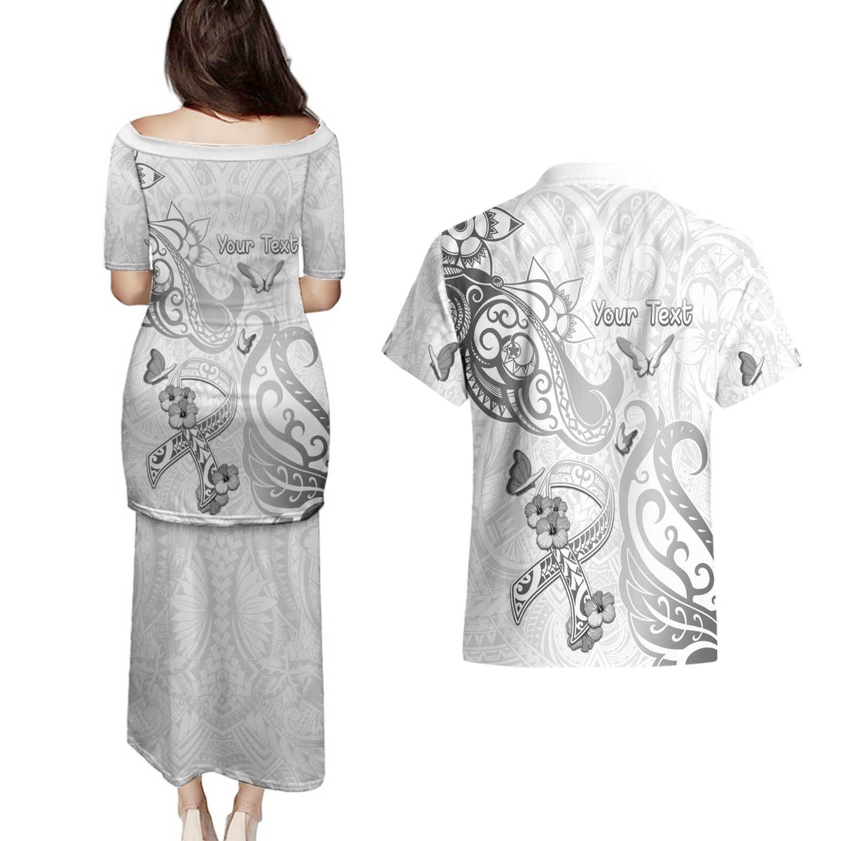 Personalised Brain Cancer Awareness Couples Matching Puletasi and Hawaiian Shirt Ribbon Polynesian Pattern