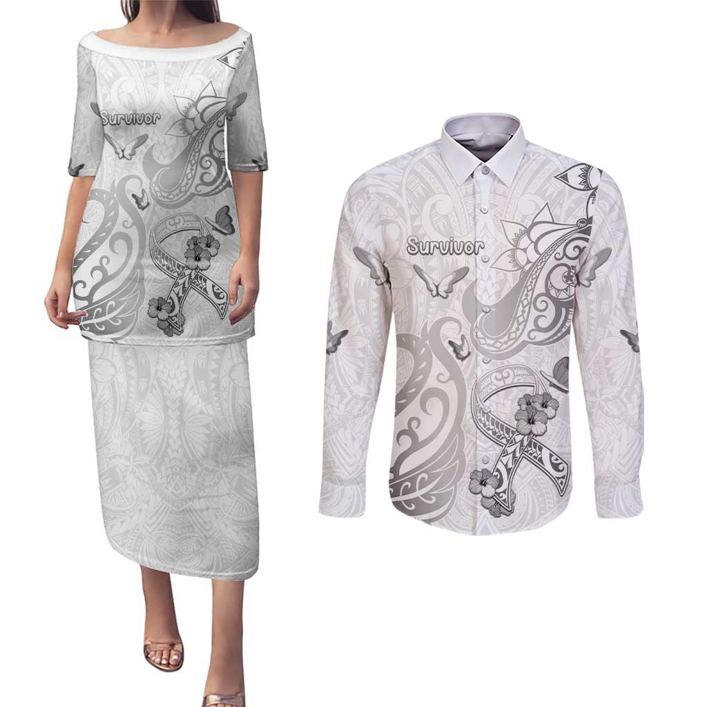 Personalised Brain Cancer Awareness Couples Matching Puletasi and Long Sleeve Button Shirt Ribbon Polynesian Pattern