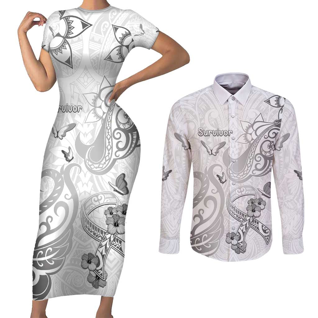 Personalised Brain Cancer Awareness Couples Matching Short Sleeve Bodycon Dress and Long Sleeve Button Shirt Ribbon Polynesian Pattern