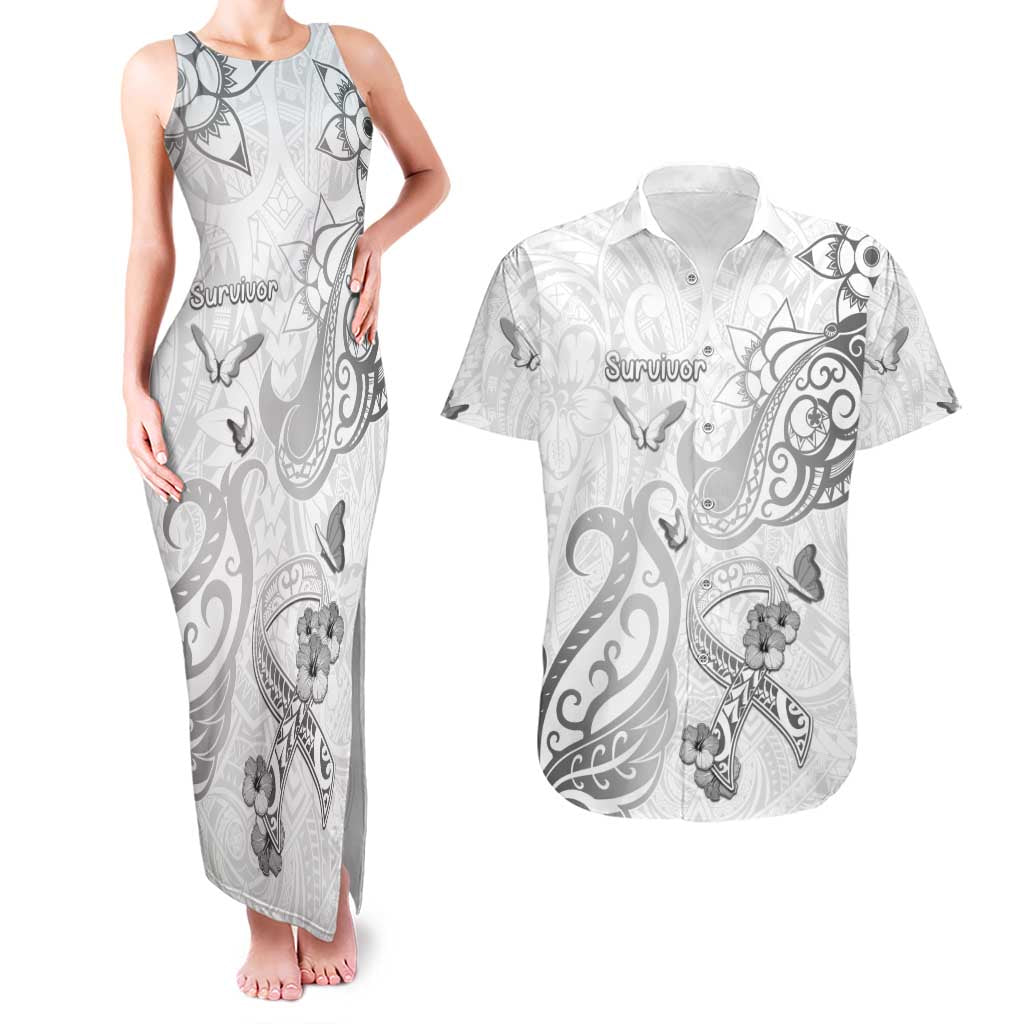 Personalised Brain Cancer Awareness Couples Matching Tank Maxi Dress and Hawaiian Shirt Ribbon Polynesian Pattern