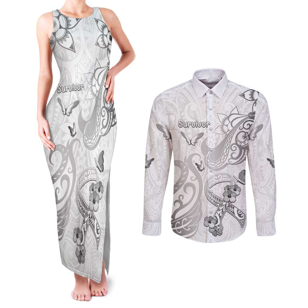 Personalised Brain Cancer Awareness Couples Matching Tank Maxi Dress and Long Sleeve Button Shirt Ribbon Polynesian Pattern