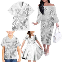 Personalised Brain Cancer Awareness Family Matching Off The Shoulder Long Sleeve Dress and Hawaiian Shirt Ribbon Polynesian Pattern
