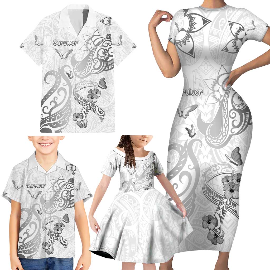 Personalised Brain Cancer Awareness Family Matching Short Sleeve Bodycon Dress and Hawaiian Shirt Ribbon Polynesian Pattern