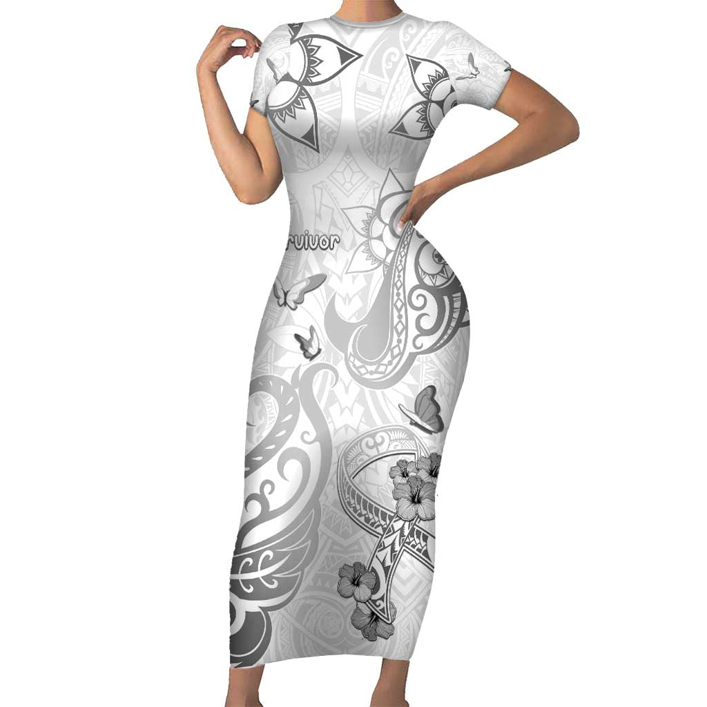 Personalised Brain Cancer Awareness Family Matching Short Sleeve Bodycon Dress and Hawaiian Shirt Ribbon Polynesian Pattern