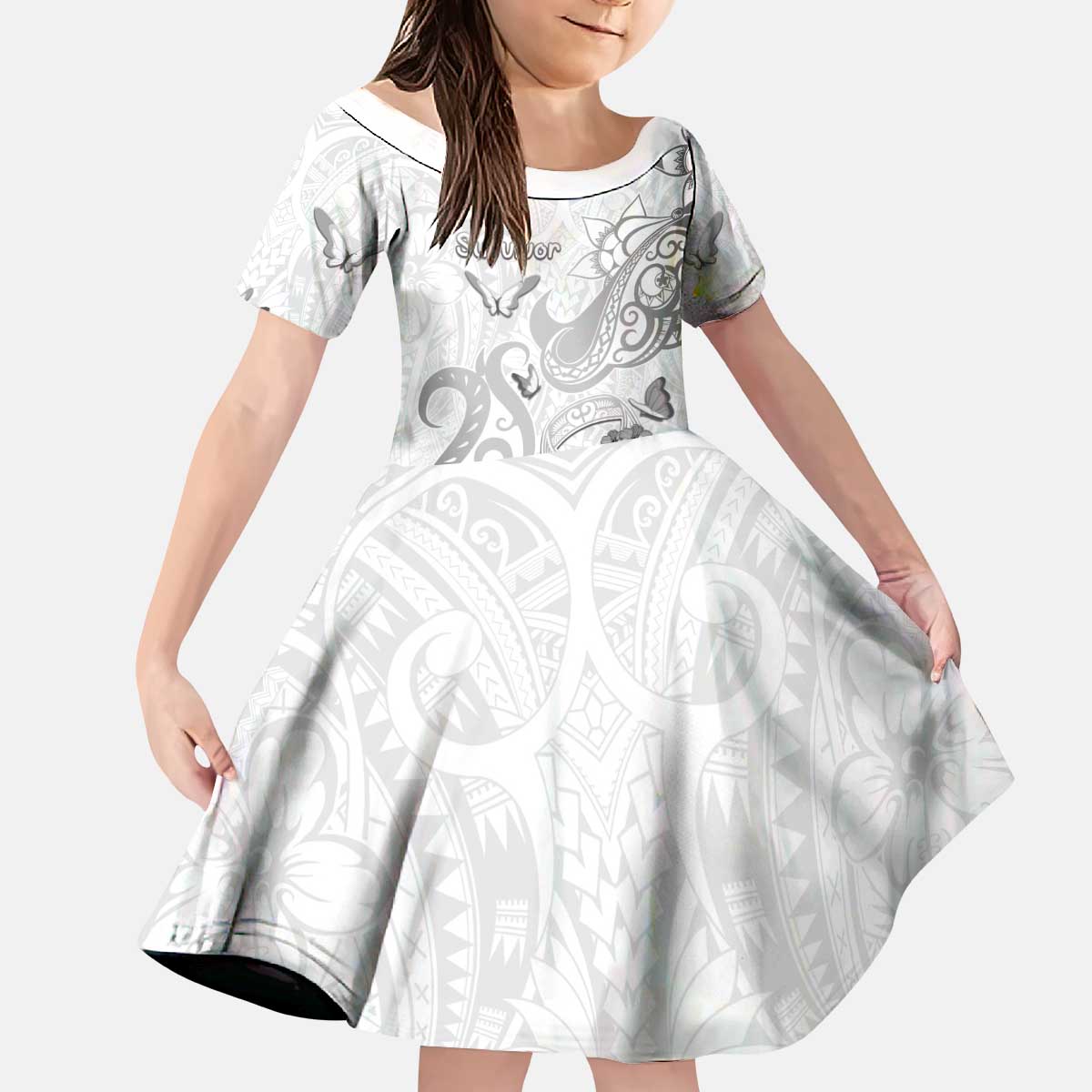 Personalised Brain Cancer Awareness Kid Short Sleeve Dress Ribbon Polynesian Pattern