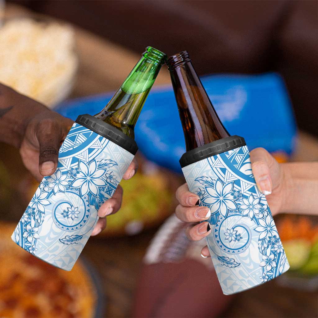 Blue Polynesian Pattern With Plumeria Flowers 4 in 1 Can Cooler Tumbler