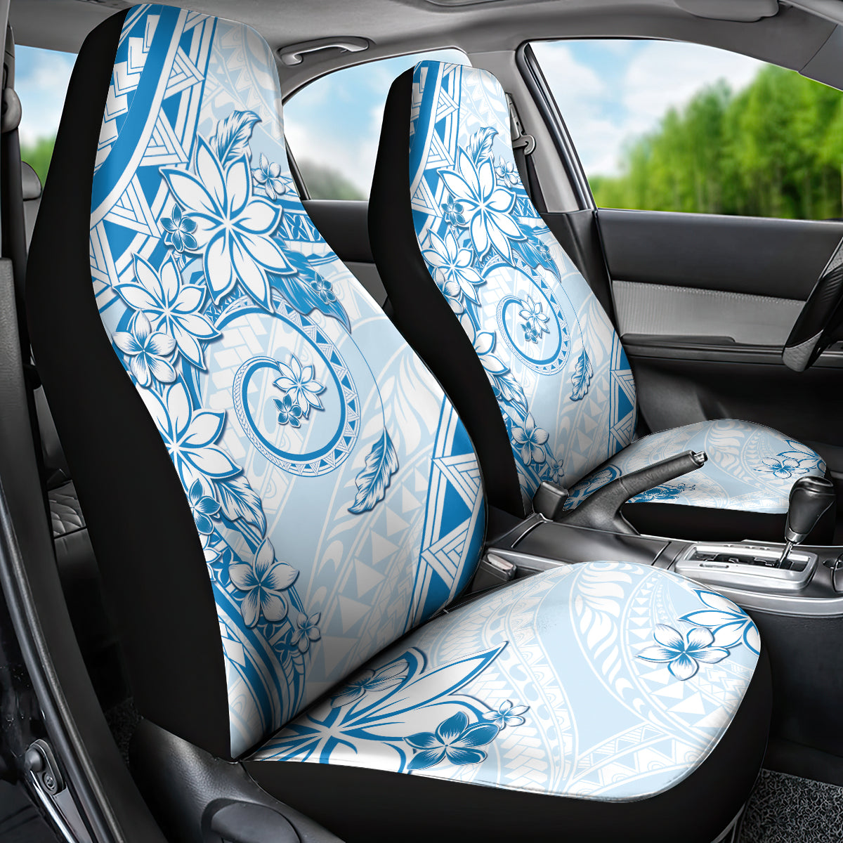 Polynesian Pattern With Plumeria Flowers Car Seat Cover Blue